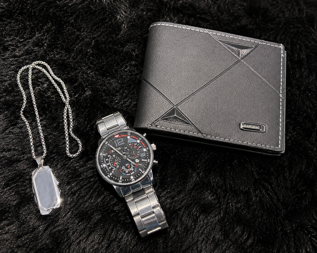 Men’s Gift Set – Silver Watch, Chain Necklace & Black Wallet