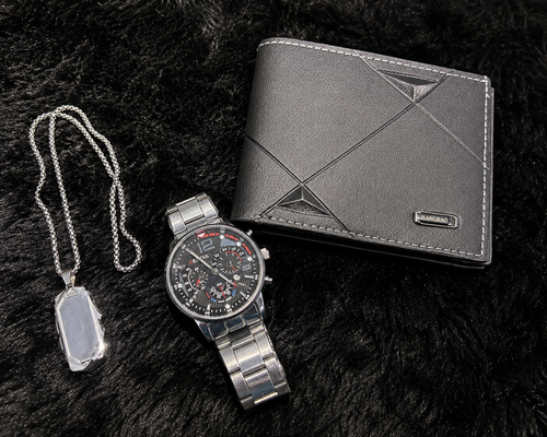 Men’s Gift Set – Silver Watch, Chain Necklace & Black Wallet