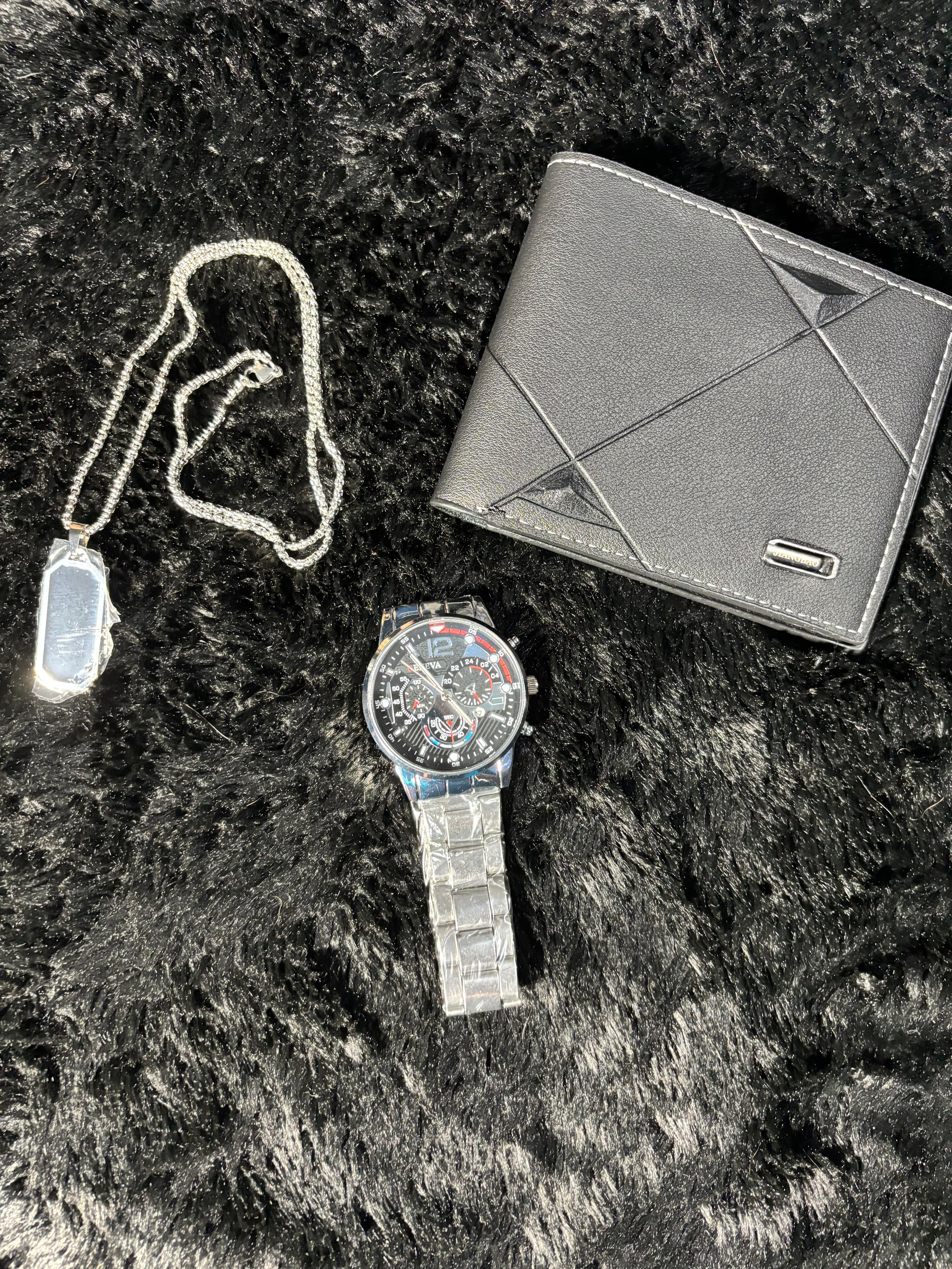 Men’s Gift Set – Silver Watch, Chain Necklace & Black Wallet