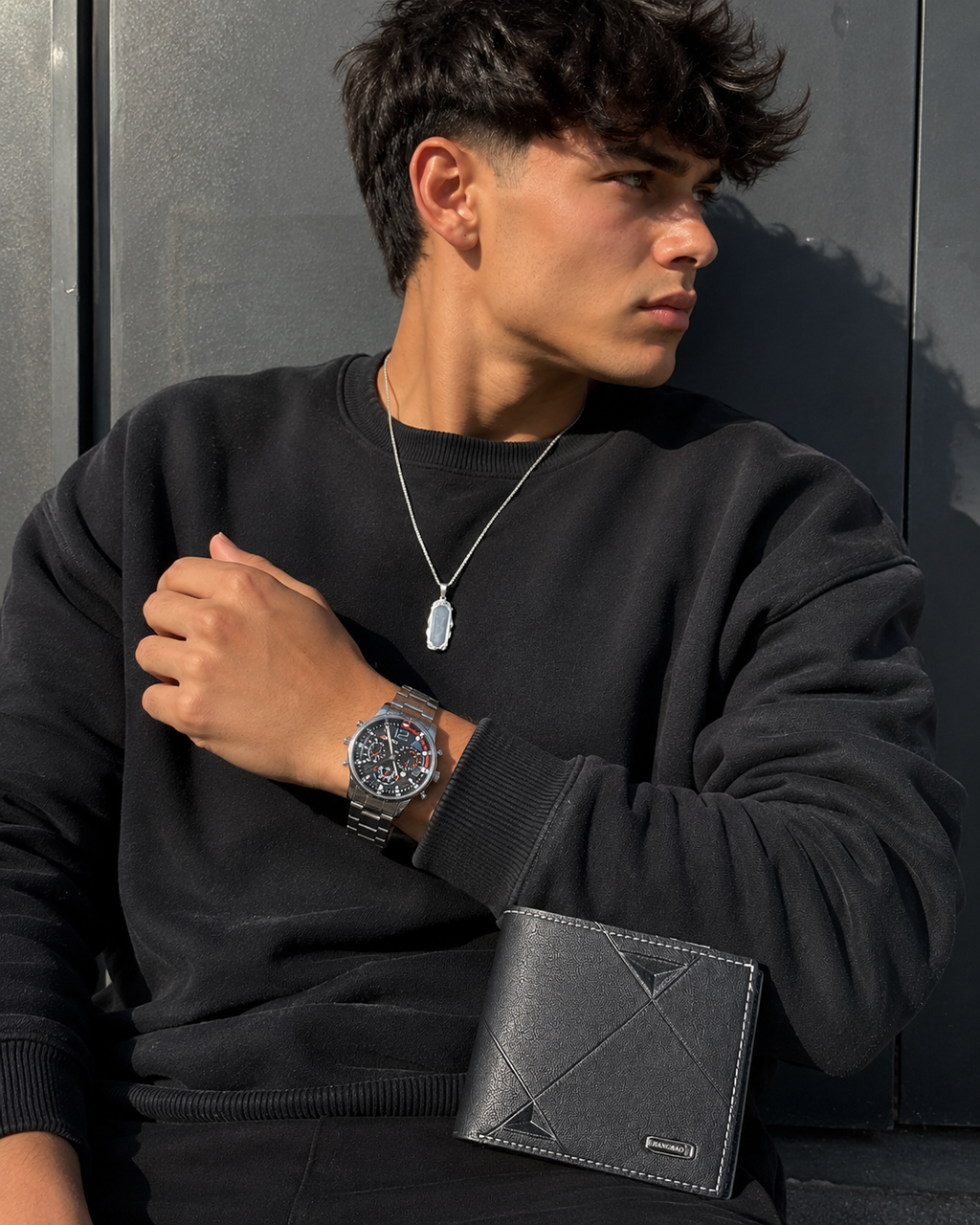Men’s Gift Set – Silver Watch, Chain Necklace & Black Wallet