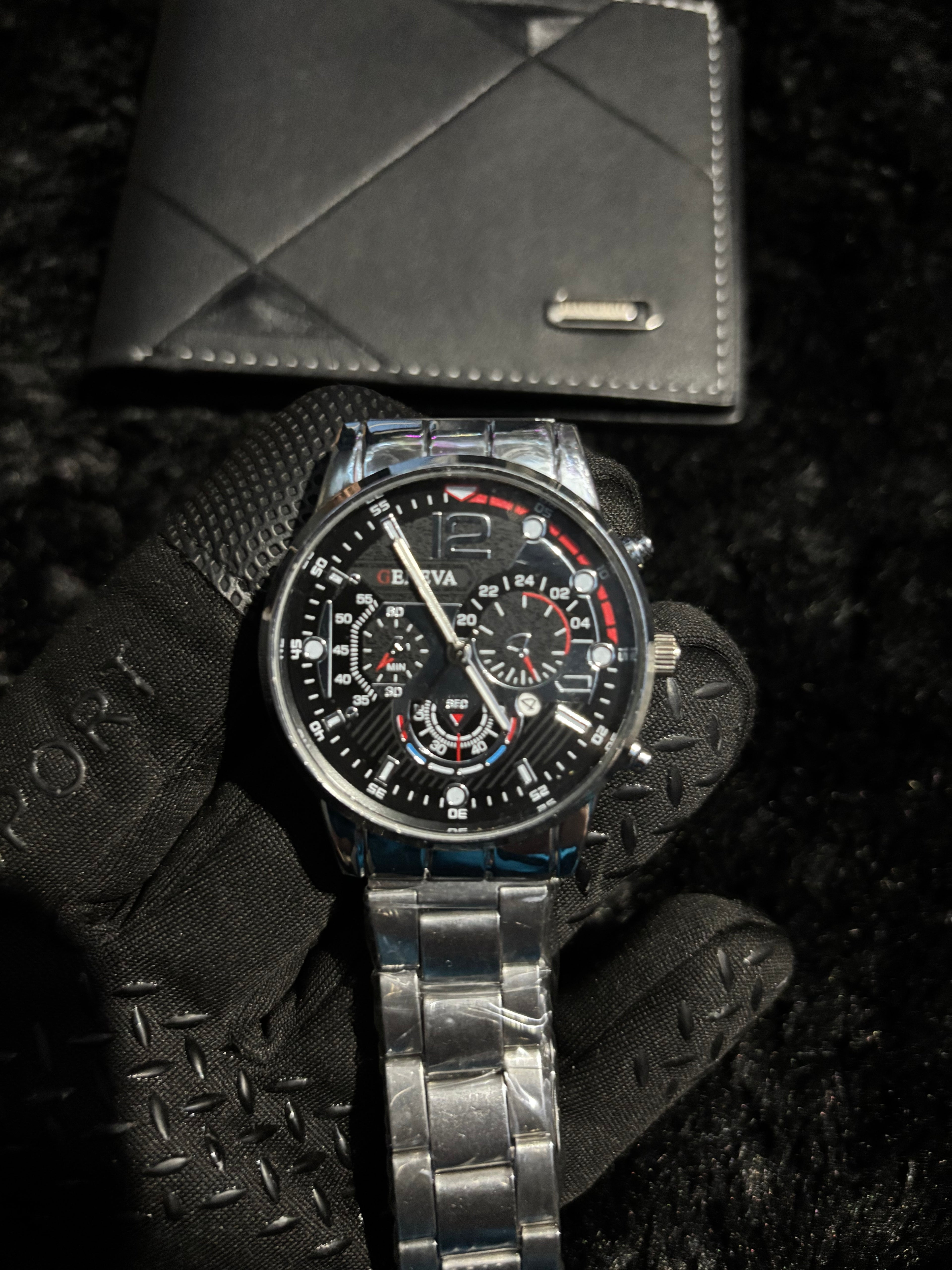 Men’s Gift Set – Silver Watch, Chain Necklace & Black Wallet